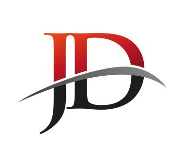 İlk harf JD logotype şirketi. Renkli kırmızı ve siyah Swoosh tasarımı. Siyah arkaplanda izole.
