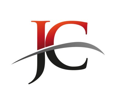 İlk harf JC logotype şirketi. Renkli kırmızı ve siyah Swoosh tasarımı. Siyah arkaplanda izole.