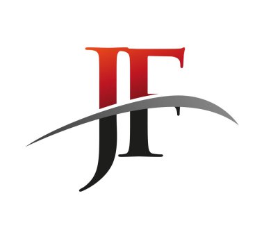 İlk harfi JF logotype şirketi. Renkli kırmızı ve siyah Swoosh tasarımı. Siyah arkaplanda izole.