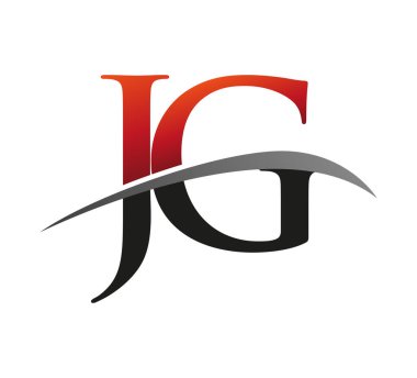 İlk harf JG logotype şirketi. Renkli kırmızı ve siyah Swoosh tasarımı. Siyah arkaplanda izole.