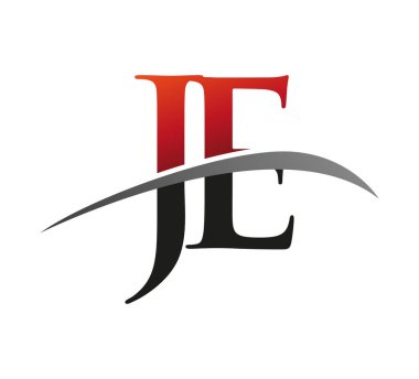 İlk harf JE logotype şirketi. Renkli kırmızı ve siyah Swoosh tasarımı. Siyah arkaplanda izole.