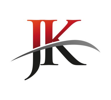 İlk harfi JK logotype şirketi. Renkli kırmızı ve siyah Swoosh tasarımı. Siyah arkaplanda izole.