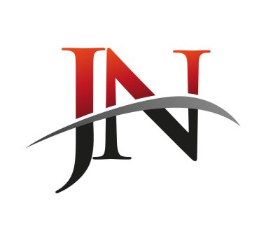 İlk harfi JN logotype şirketi. Renkli kırmızı ve siyah Swoosh tasarımı. Siyah arkaplanda izole.