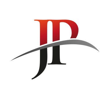 İlk harf JP logotype şirketi adı kırmızı ve siyah desenli. Siyah arkaplanda izole.