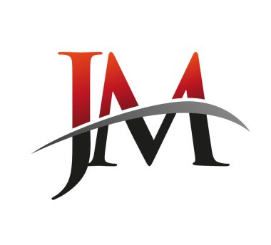 İlk harf JM logotype şirket adı kırmızı ve siyah swoosh tasarımı. Siyah arkaplanda izole.