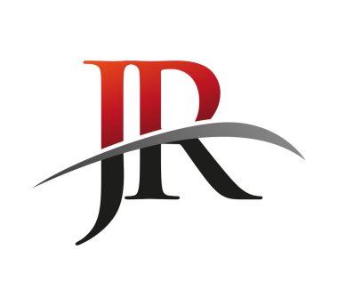 İlk harf JR logotype şirketi. Renkli kırmızı ve siyah Swoosh tasarımı. Siyah arkaplanda izole.
