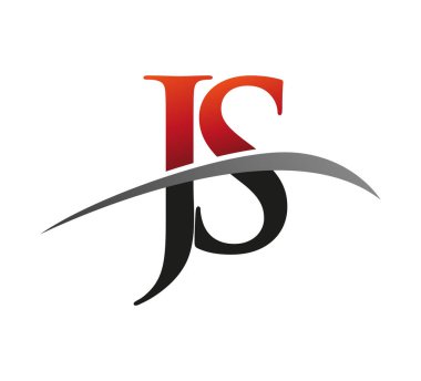İlk harf JS logotype şirketi. Renkli kırmızı ve siyah Swoosh tasarımı. Siyah arkaplanda izole.