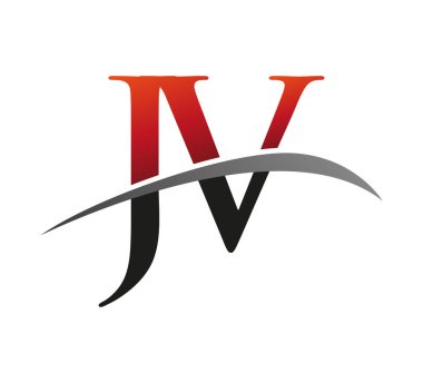 İlk harfi JV logotype şirketi. Renkli kırmızı ve siyah Swoosh tasarımı. Siyah arkaplanda izole.