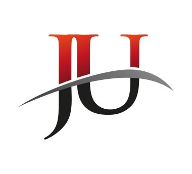 İlk harf JU logotype şirket adı kırmızı ve siyah swoosh tasarımı. Siyah arkaplanda izole.