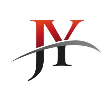 İlk harf JY logotype şirketi adı kırmızı ve siyah desenli. Siyah arkaplanda izole.