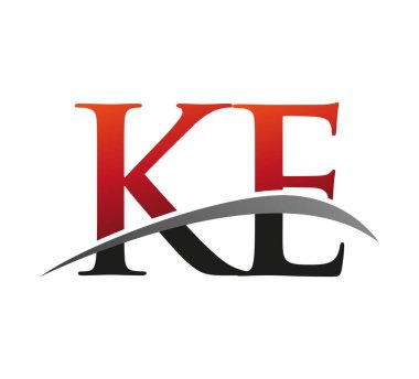 İlk harf KE logotype şirketi adı: Renkli kırmızı ve siyah Swoosh tasarımı. Siyah arkaplanda izole.