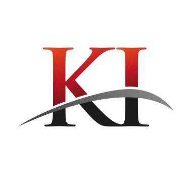 İlk harfi KI logotype şirketi. Renkli kırmızı ve siyah Swoosh tasarımı. Siyah arkaplanda izole.
