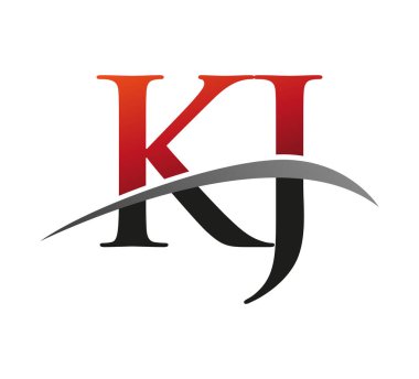 İlk harf KJ logotype şirketi adı kırmızı ve siyah swoosh tasarımı. Siyah arkaplanda izole.