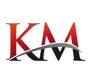 İlk harf KM logotype şirketi adı: Renkli kırmızı ve siyah Swoosh tasarımı. Siyah arkaplanda izole.