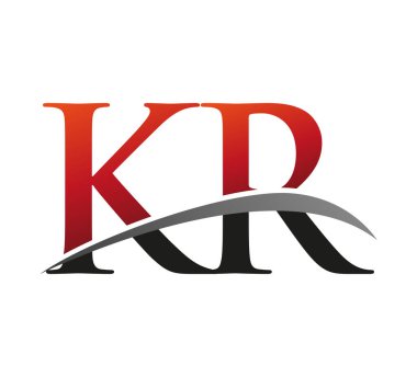 İlk harfi KR logotype şirketi. Renkli kırmızı ve siyah Swoosh tasarımı. Siyah arkaplanda izole.