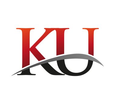 İlk harfi KU logotype şirketi. Renkli kırmızı ve siyah Swoosh tasarımı. Siyah arkaplanda izole.