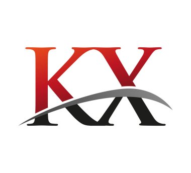 İlk harfi KX logotype şirketi. Renkli kırmızı ve siyah Swoosh tasarımı. Siyah arkaplanda izole.