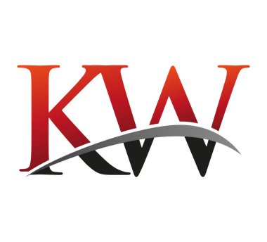 İlk harfi KW logotype şirketi. Renkli kırmızı ve siyah Swoosh tasarımı. Siyah arkaplanda izole.