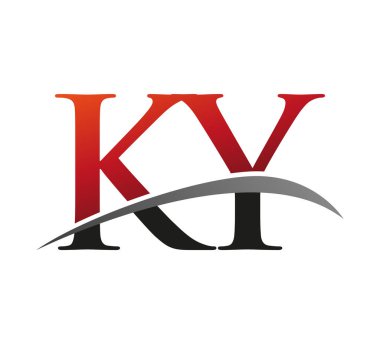 İlk harf KY logotype şirket adı kırmızı ve siyah swoosh tasarımı. Siyah arkaplanda izole.