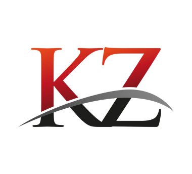 İlk harf KZ logotype şirket adı kırmızı ve siyah swoosh tasarımı. Siyah arkaplanda izole.