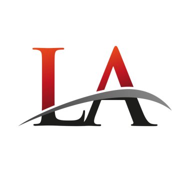 İlk harfi LA logotype şirketinin adı: Renkli kırmızı ve siyah Swoosh tasarımı. Siyah arkaplanda izole.