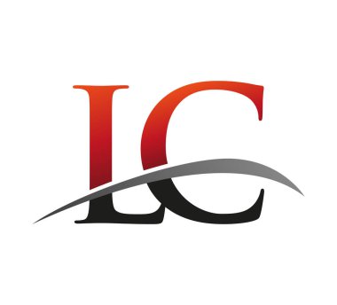 İlk harf LC logotype şirket adı kırmızı ve siyah swoosh tasarımı. Siyah arkaplanda izole.