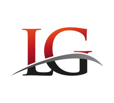İlk harf LG logotype şirket adı kırmızı ve siyah swoosh tasarımı. Siyah arkaplanda izole.