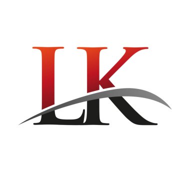 İlk harf LK logotype şirket adı kırmızı ve siyah swoosh tasarımı. Siyah arkaplanda izole.