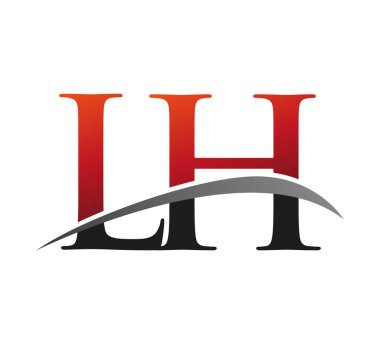 İlk harf LH logotype şirket adı kırmızı ve siyah swoosh tasarımı. Siyah arkaplanda izole.