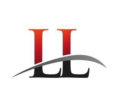İlk harf LL logotype şirket adı Renkli Kırmızı ve Siyah Swoosh tasarımı. Siyah arkaplanda izole.