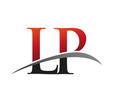 İlk harf LP logotype şirketi adı: Renkli kırmızı ve siyah Swoosh tasarımı. Siyah arkaplanda izole.