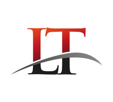 İlk harfi LT logotype şirketi. Renkli kırmızı ve siyah Swoosh tasarımı. Siyah arkaplanda izole.