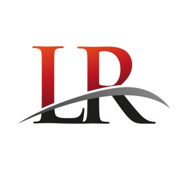 İlk harf LR logotype şirketi adı: Renkli kırmızı ve siyah Swoosh tasarımı. Siyah arkaplanda izole.