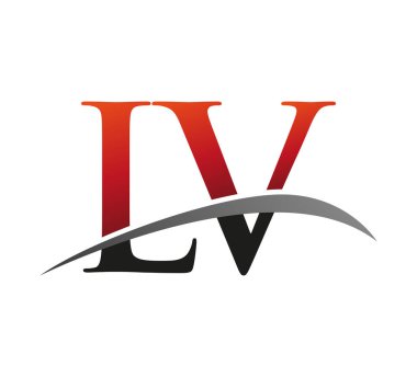 İlk harf LV logotype şirket adı kırmızı ve siyah swoosh tasarımı. Siyah arkaplanda izole.