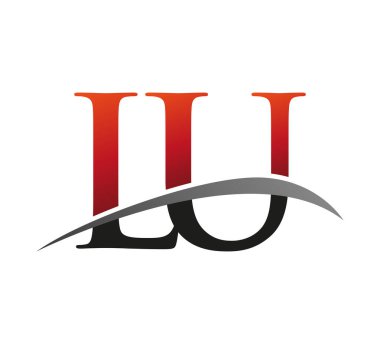 İlk harfi LU logotype şirketi. Renkli kırmızı ve siyah Swoosh tasarımı. Siyah arkaplanda izole.