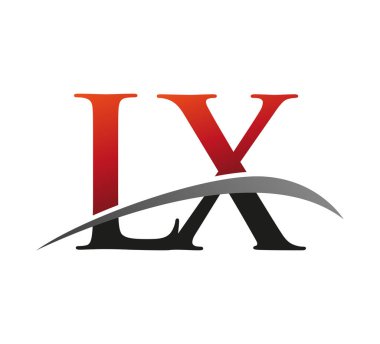 İlk harfi LX logotype şirketi. Renkli kırmızı ve siyah Swoosh tasarımı. Siyah arkaplanda izole.