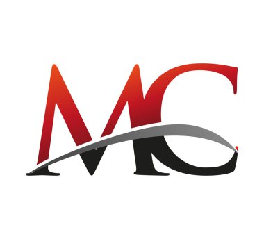 İlk harf MC logotype şirketi adı kırmızı ve siyah Swoosh tasarımı. Siyah arkaplanda izole.