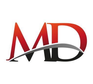 İlk harf MD logotype şirketi. Renkli kırmızı ve siyah Swoosh tasarımı. Siyah arkaplanda izole.
