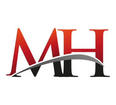 İlk harf MH logotype şirketi. Renkli kırmızı ve siyah Swoosh tasarımı. Siyah arkaplanda izole.