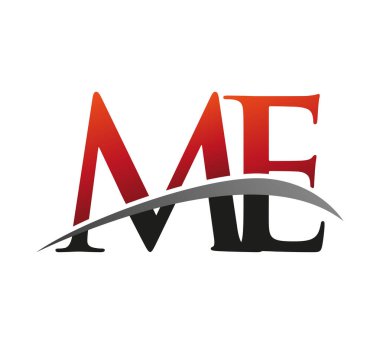 İlk harf ME logotype şirketi adı: Renkli kırmızı ve siyah Swoosh tasarımı. Siyah arkaplanda izole.