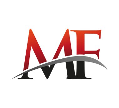 İlk harfi MF logotype şirketi. Renkli kırmızı ve siyah Swoosh tasarımı. Siyah arkaplanda izole.