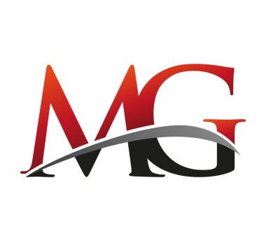 İlk harfi MG logotype şirketi. Renkli kırmızı ve siyah Swoosh tasarımı. Siyah arkaplanda izole.