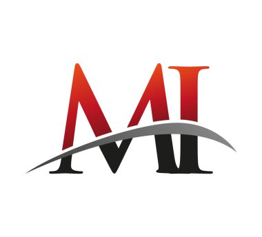 İlk harf MI logotype şirketi adı kırmızı ve siyah Swoosh tasarımı. Siyah arkaplanda izole.