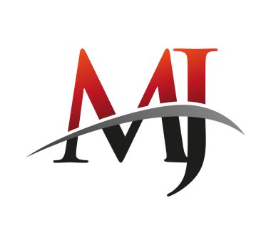 İlk harfi MJ logotype şirketi. Renkli kırmızı ve siyah desenli. Siyah arkaplanda izole.