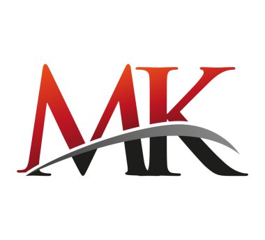 İlk harfi MK logotype şirketi. Renkli kırmızı ve siyah Swoosh tasarımı. Siyah arkaplanda izole.