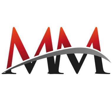İlk harf MM logotype şirketi adı kırmızı ve siyah Swoosh tasarımı. Siyah arkaplanda izole.