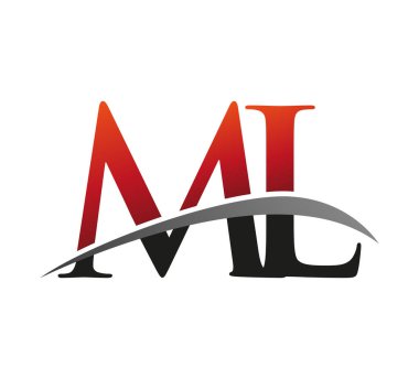 İlk harf ML logotype şirket adı kırmızı ve siyah swoosh tasarımı. Siyah arkaplanda izole.