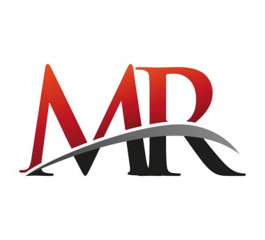 İlk harf MR logotype şirketi. Renkli kırmızı ve siyah Swoosh tasarımı. Siyah arkaplanda izole.