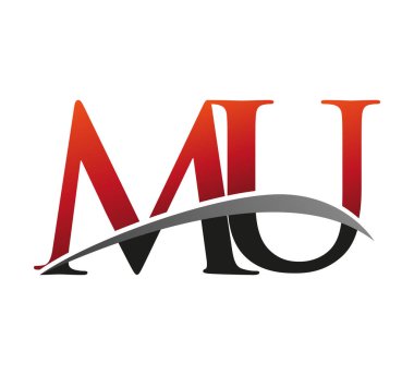 İlk harfi MU logotype şirketi. Renkli kırmızı ve siyah Swoosh tasarımı. Siyah arkaplanda izole.