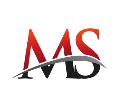 İlk harf MS logotype şirketi adı: Renkli kırmızı ve siyah Swoosh tasarımı. Siyah arkaplanda izole.